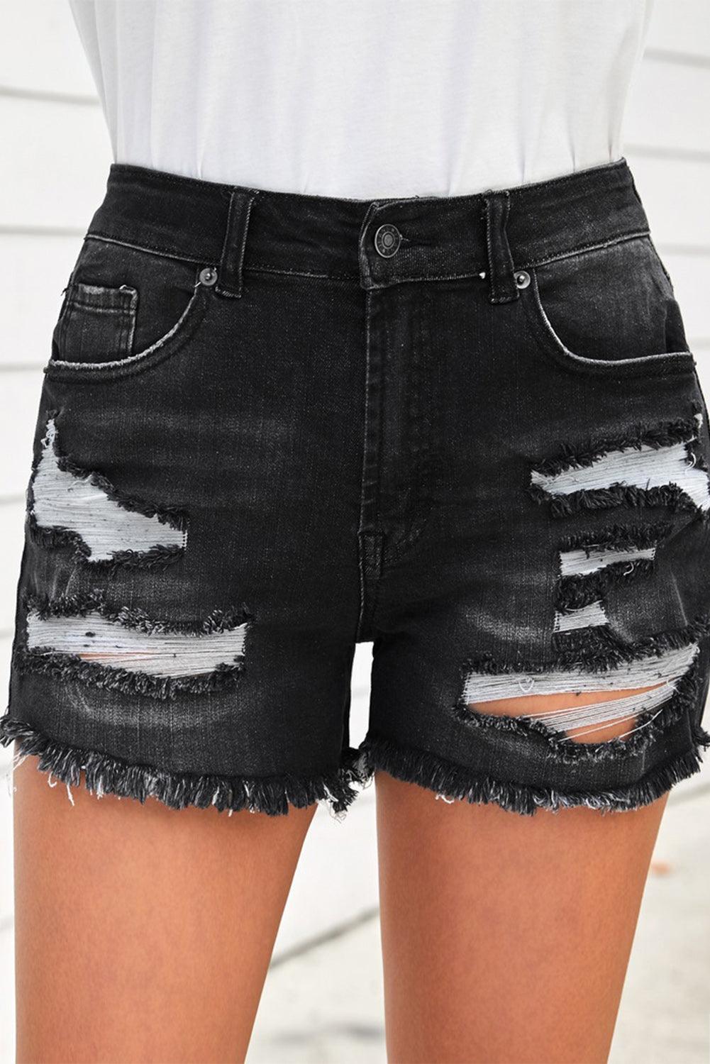 Raw Hem Ripped Denim Shorts with Pockets