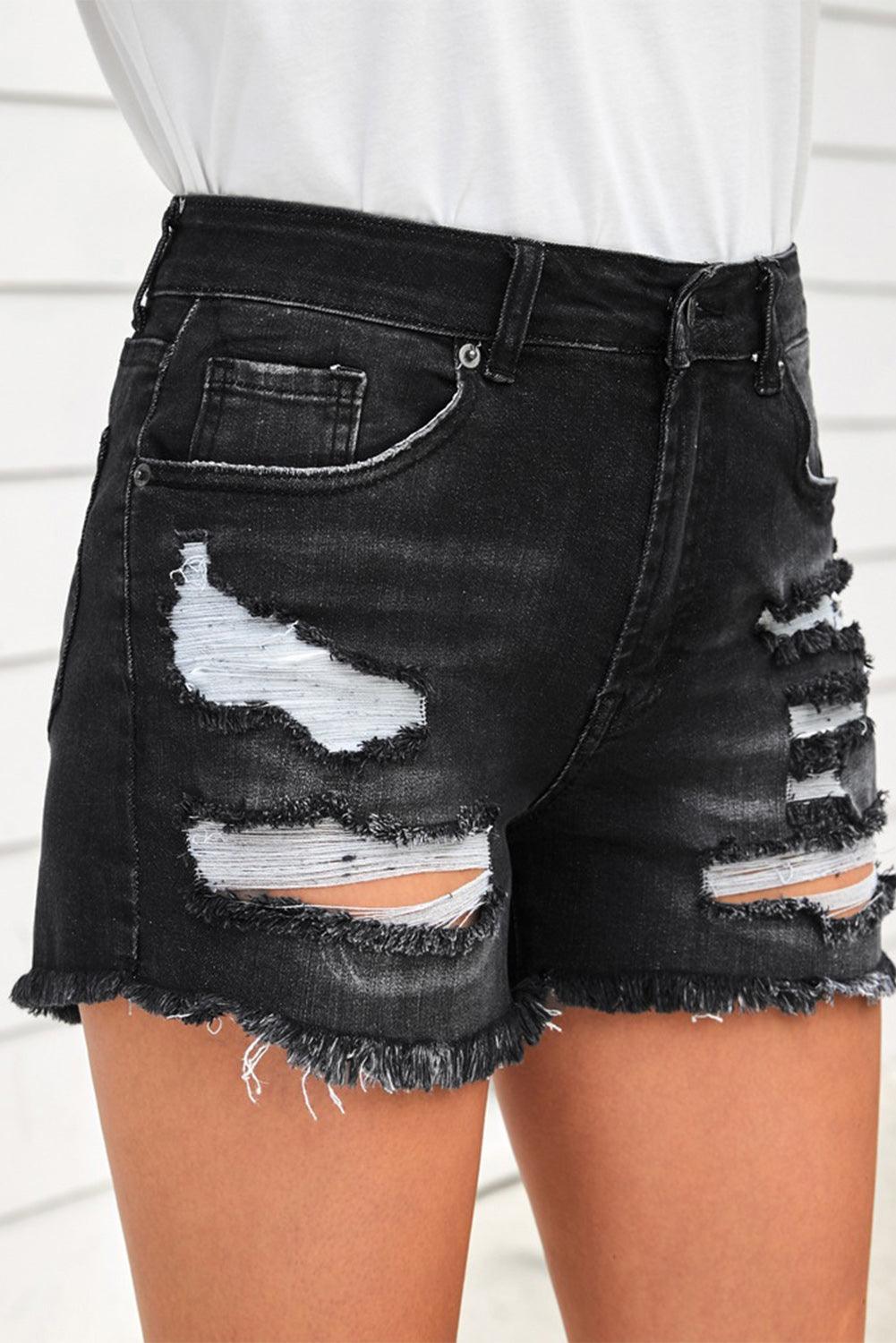 Raw Hem Ripped Denim Shorts with Pockets