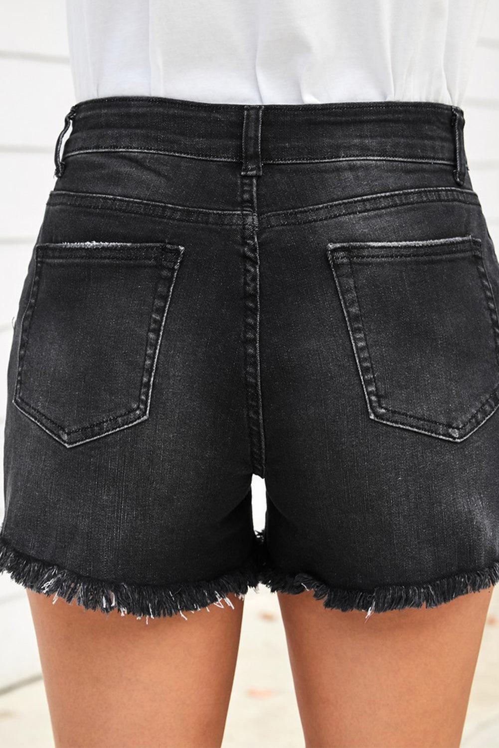 Raw Hem Ripped Denim Shorts with Pockets