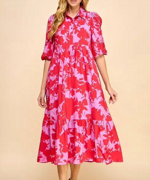 Red Floral Midi Dress