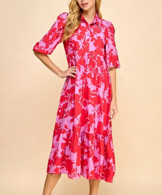 Red Floral Midi Dress