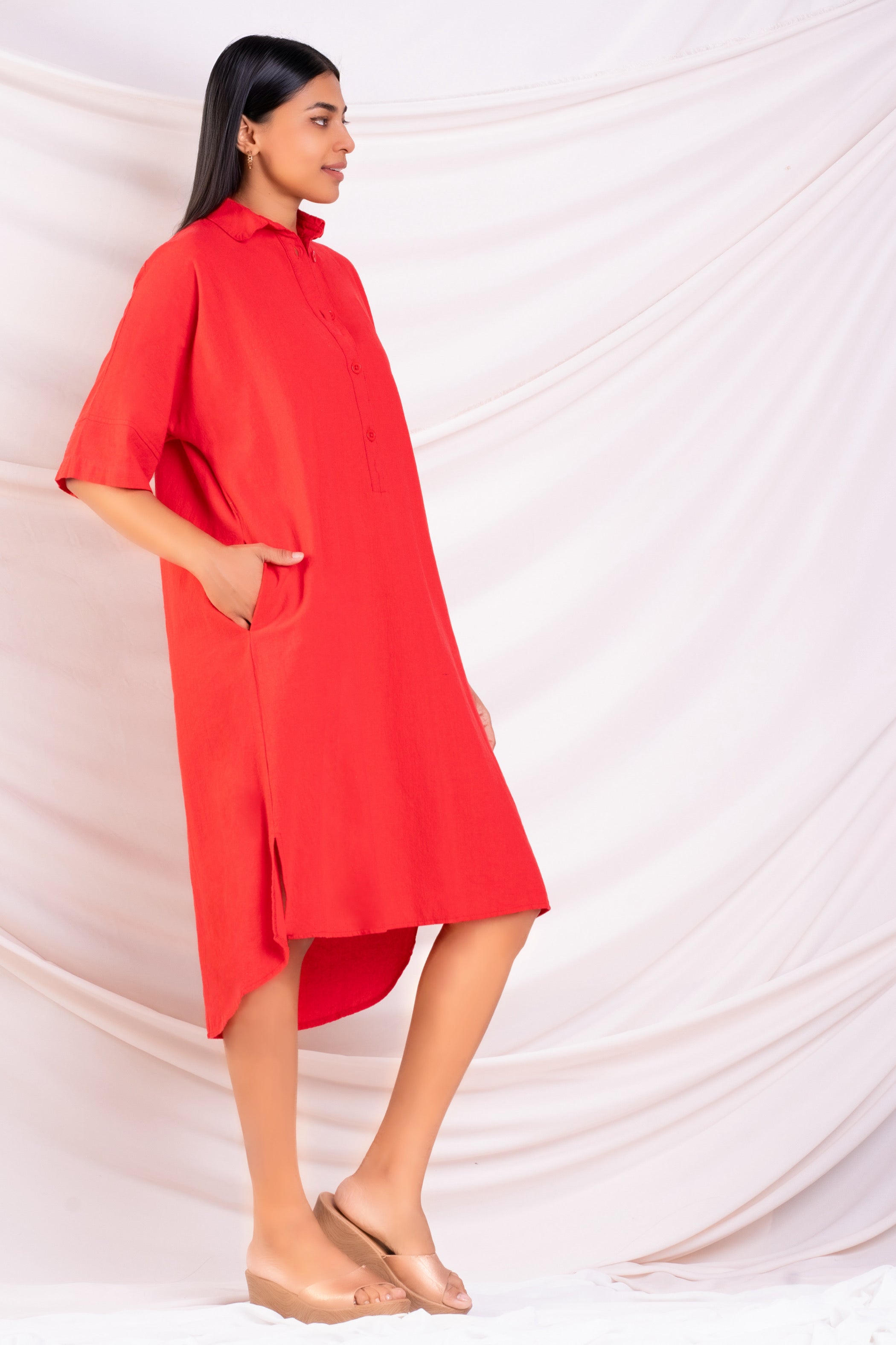 Red Oversized Button-Down Midi Dress