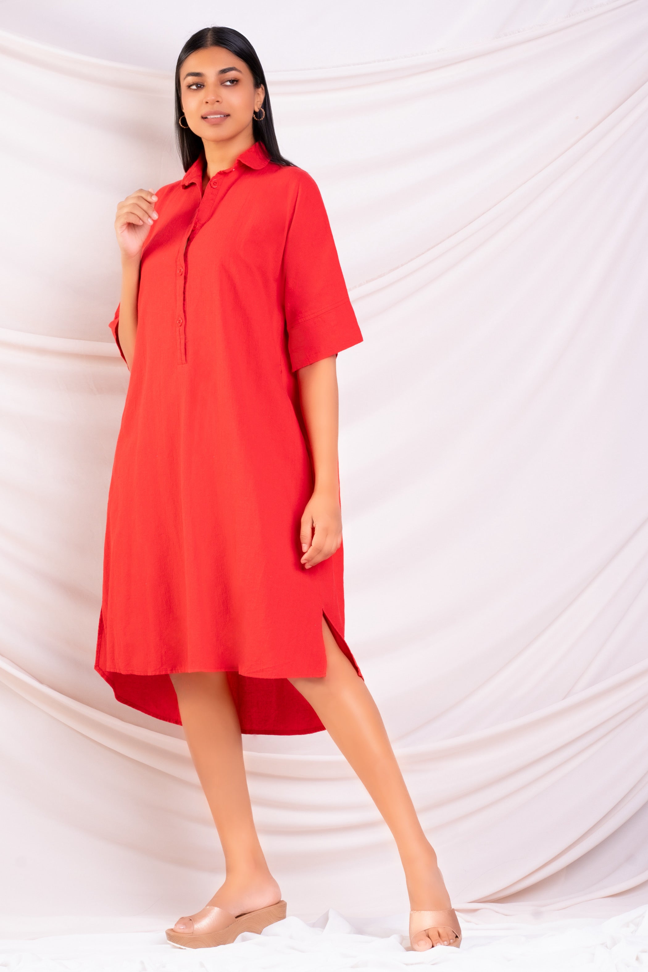 Red Oversized Button-Down Midi Dress