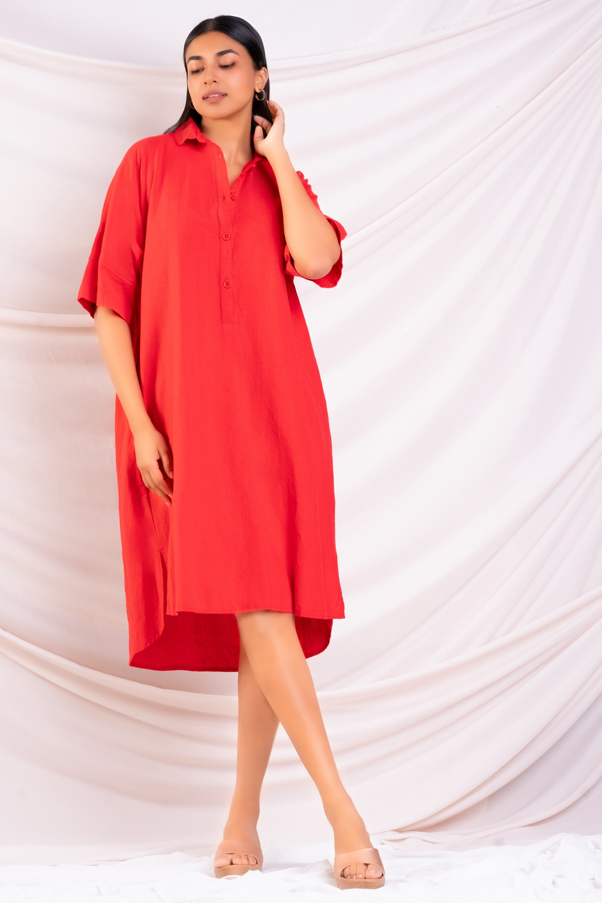 Red Oversized Button-Down Midi Dress