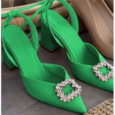 rhinestone square thick heel shoe