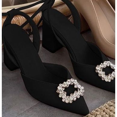 rhinestone square thick heel shoe