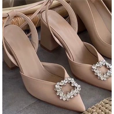 rhinestone square thick heel shoe