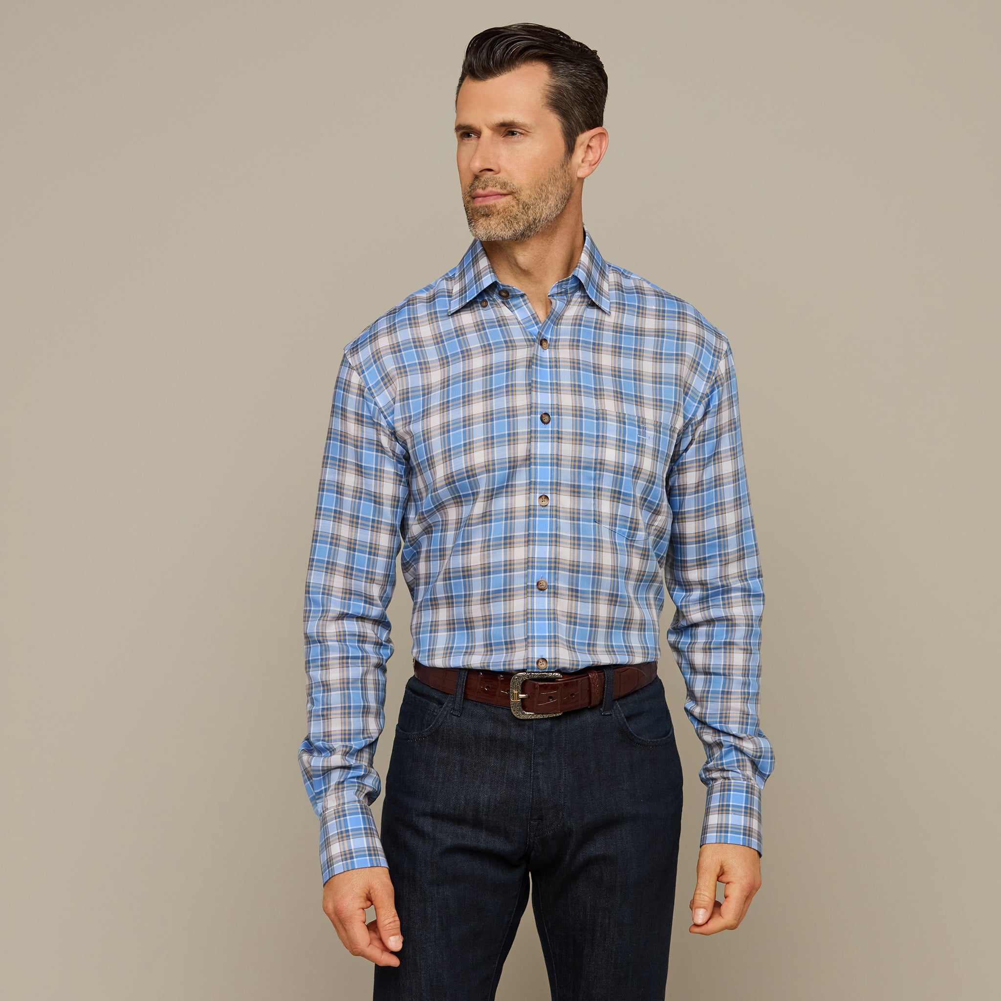 San Antonio Tencel Check Blue Khaki