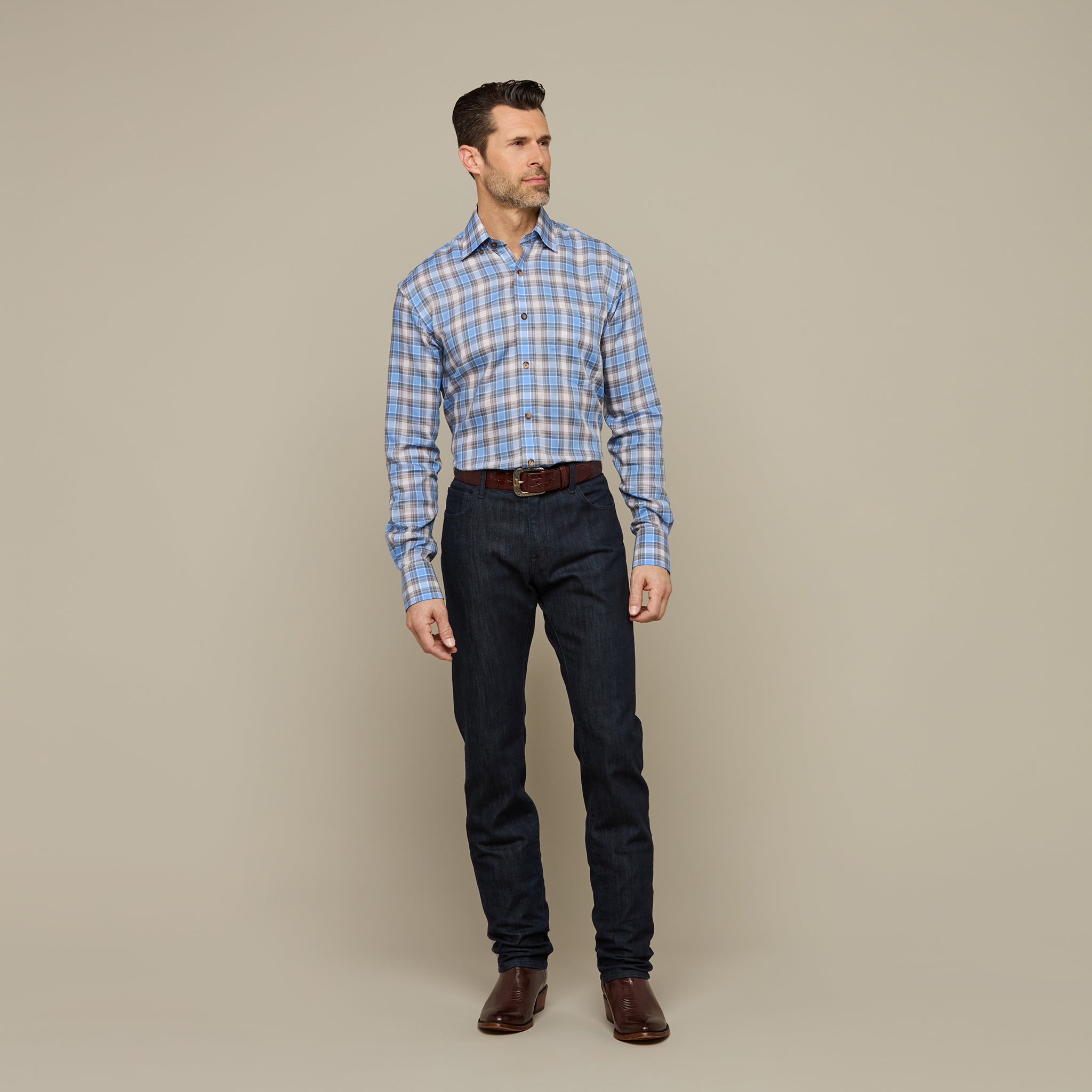 San Antonio Tencel Check Blue Khaki