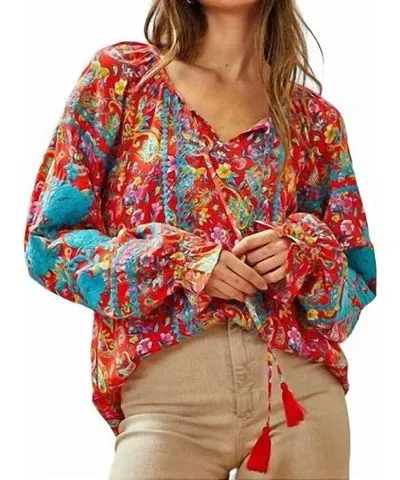 Savannah Jane Turquoise Long-Sleeve Embroidered Top Blouse