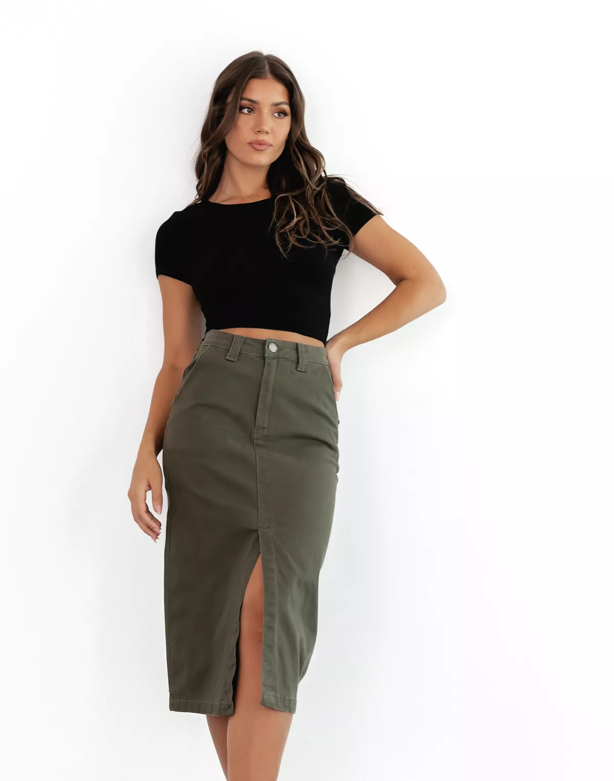 Scott Denim Midi Skirt (Khaki) - Shop now!