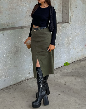 Scott Denim Midi Skirt (Khaki) - Shop now!