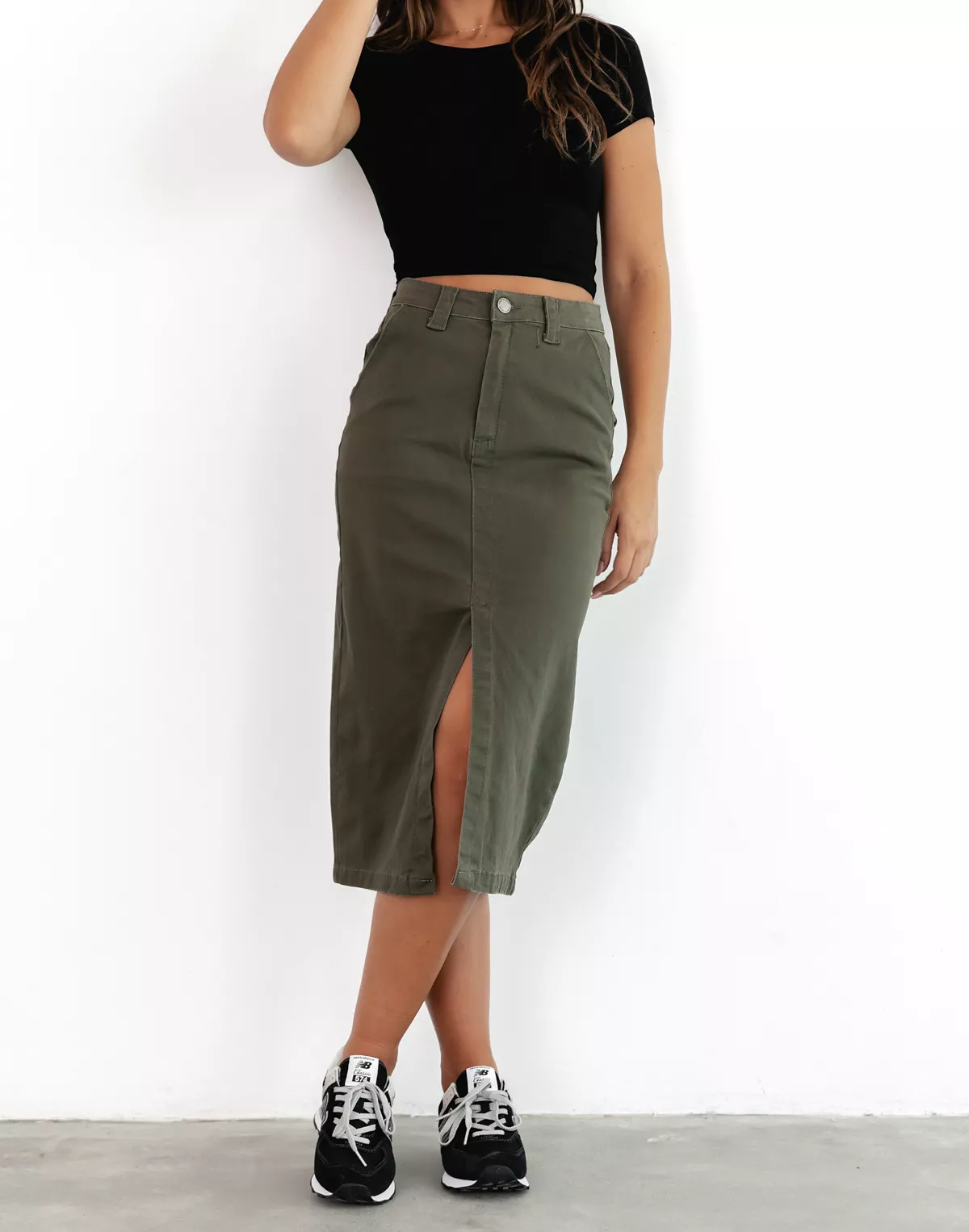 Scott Denim Midi Skirt (Khaki) - Shop now!