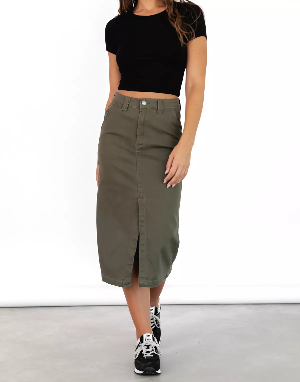 Scott Denim Midi Skirt (Khaki) - Shop now!