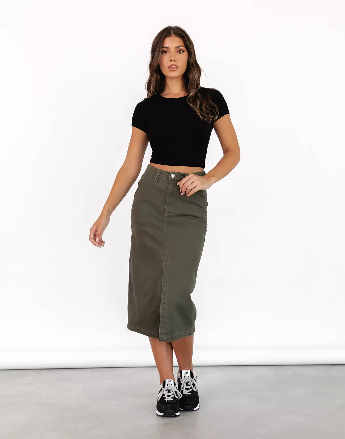 Scott Denim Midi Skirt (Khaki) - Shop now!