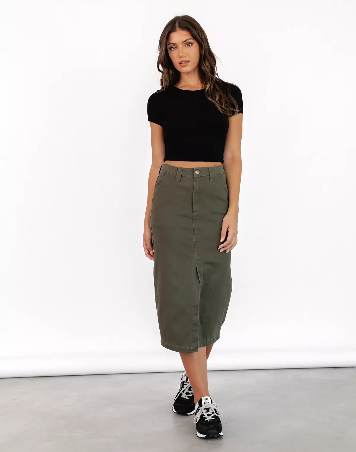 Scott Denim Midi Skirt (Khaki) - Shop now!