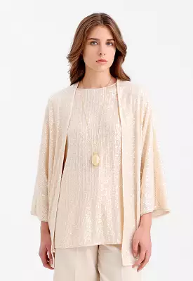 Sequined Short Kimono with Front Opening