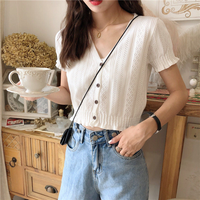 Short Sleeve Cropped Cardigan with Perforations (WI45)