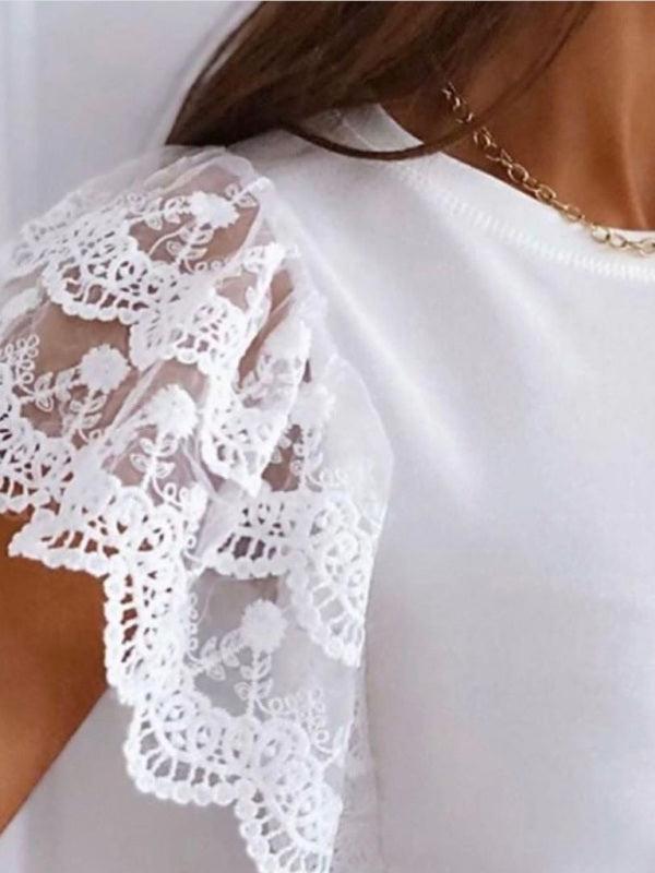 short sleeve round neck lace petal top for women