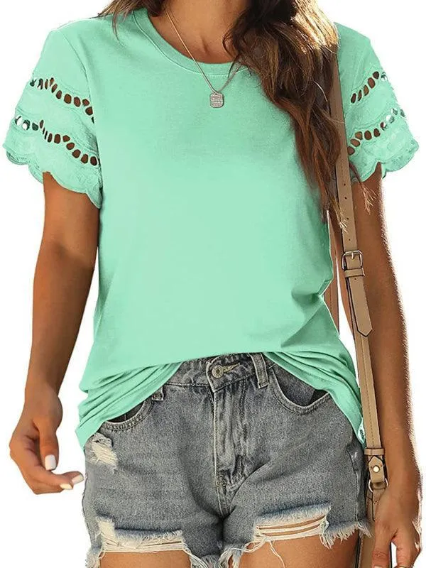 Short Sleeve Solid Lace Knit Women's Top