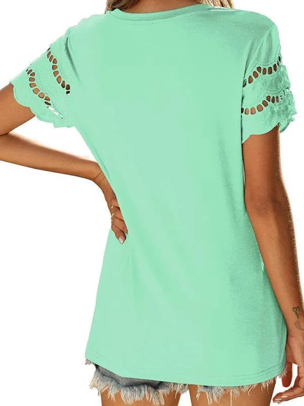 Short Sleeve Solid Lace Knit Women's Top