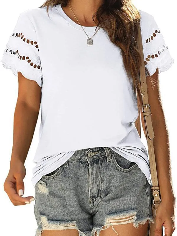 Short Sleeve Solid Lace Knit Women's Top