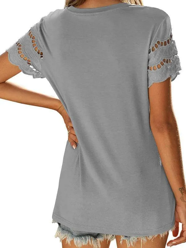 Short Sleeve Solid Lace Knit Women's Top