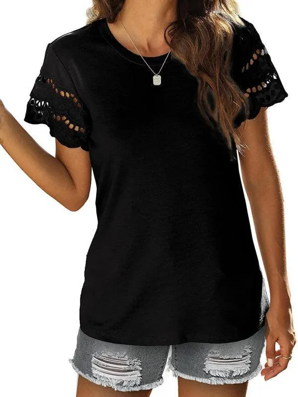 Short Sleeve Solid Lace Knit Women's Top