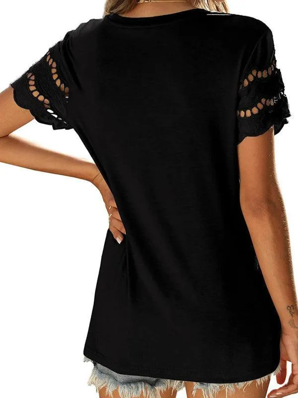 Short Sleeve Solid Lace Knit Women's Top