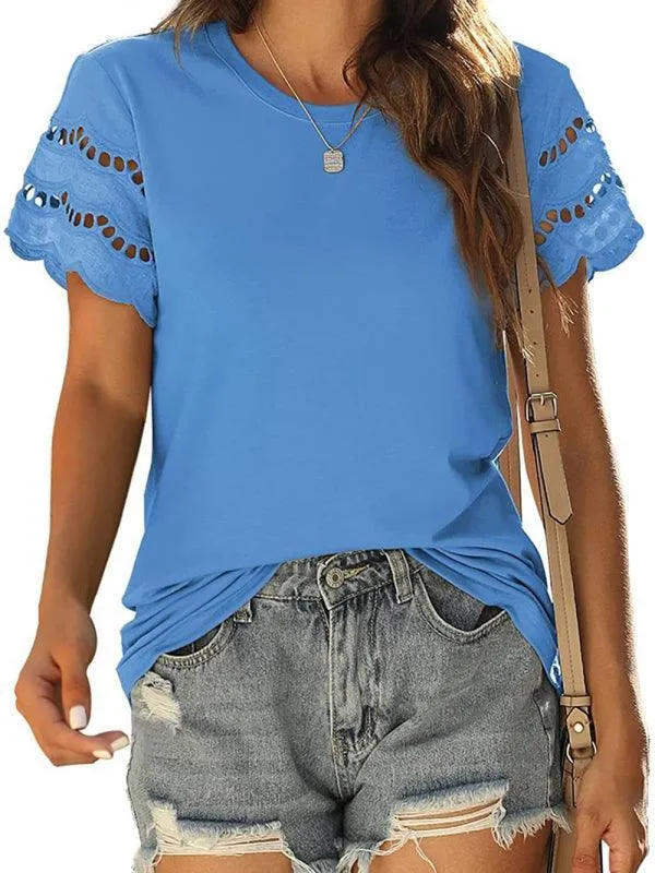 Short Sleeve Solid Lace Knit Women's Top