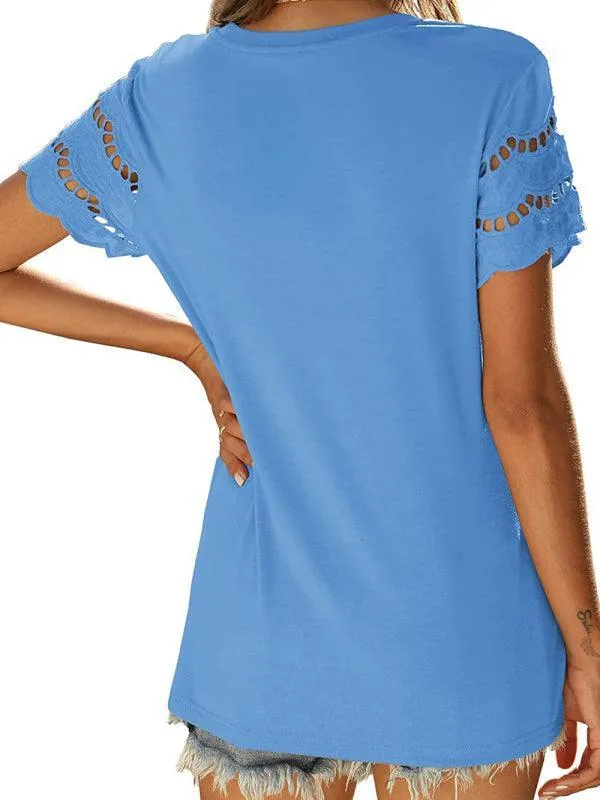 Short Sleeve Solid Lace Knit Women's Top