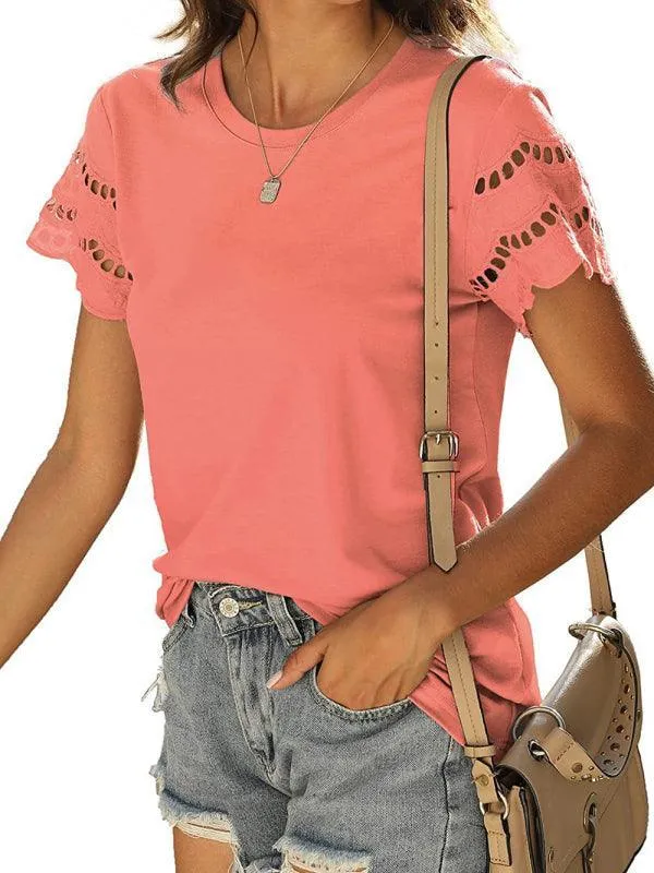 Short Sleeve Solid Lace Knit Women's Top