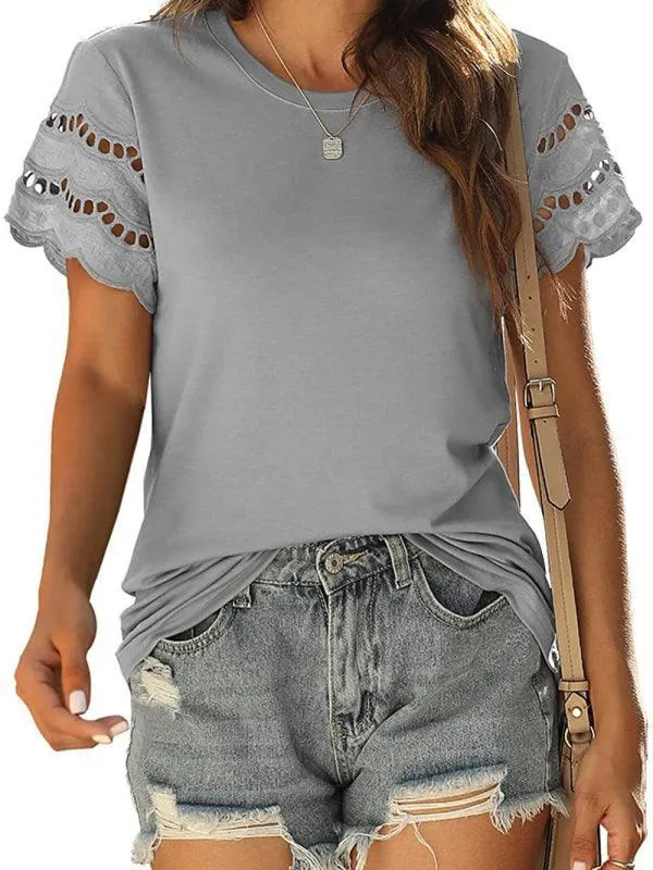 Short Sleeve Solid Lace Knit Women's Top