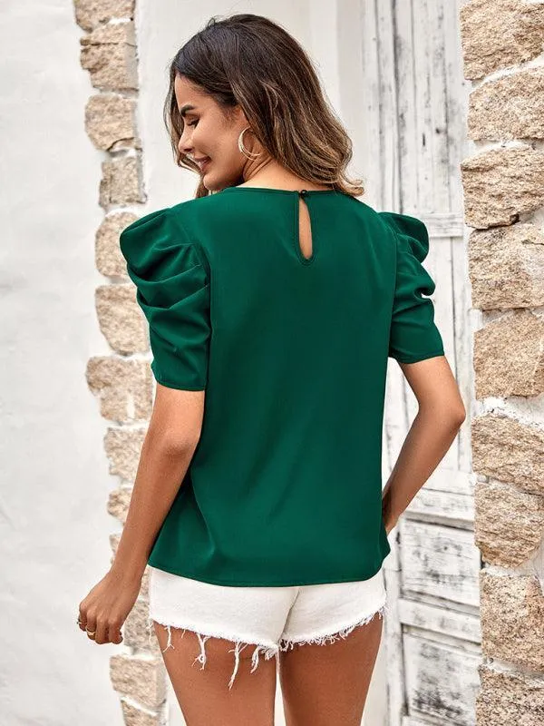 V-Neck Solid Color Short Sleeve Women's Top