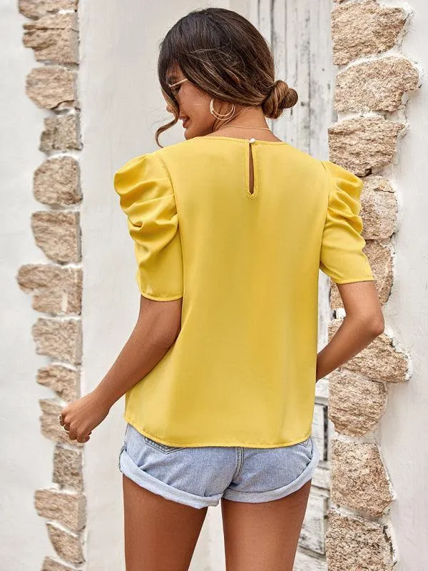 V-Neck Solid Color Short Sleeve Women's Top