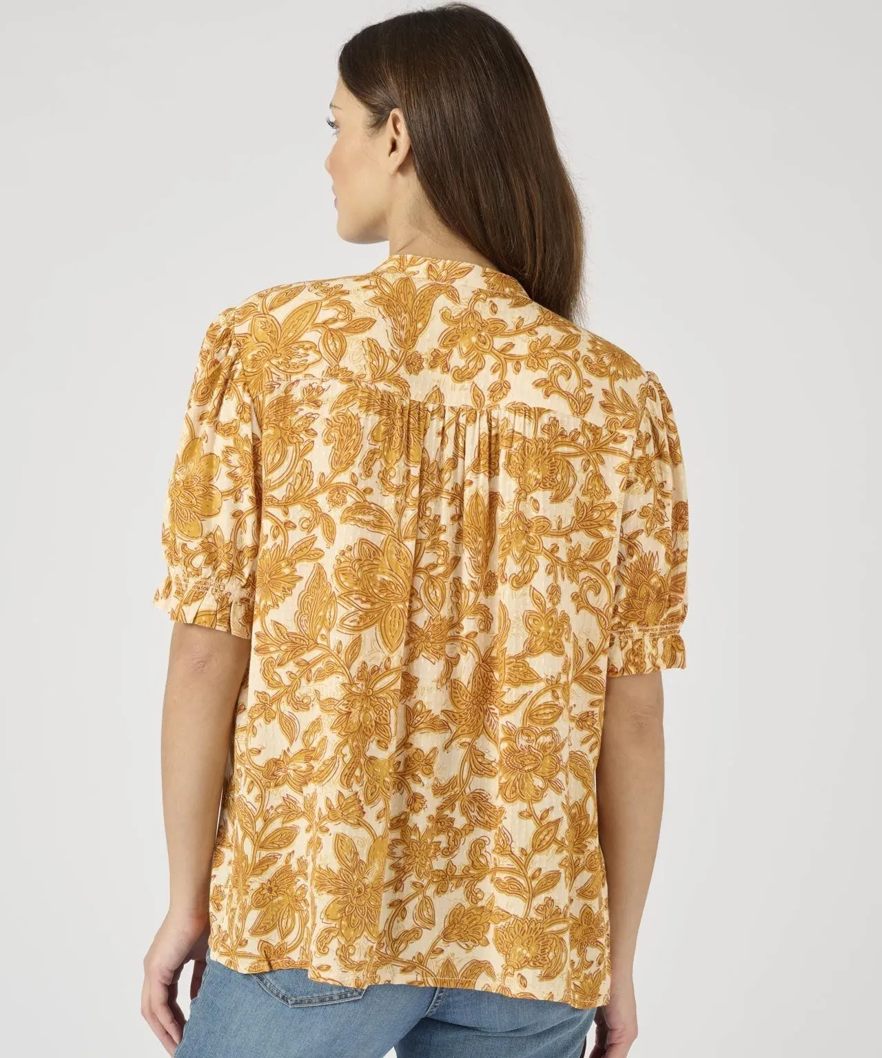 Blouse with Gathered Detail Print - Short Sleeved