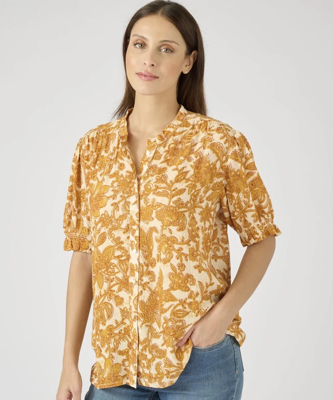 Blouse with Gathered Detail Print - Short Sleeved