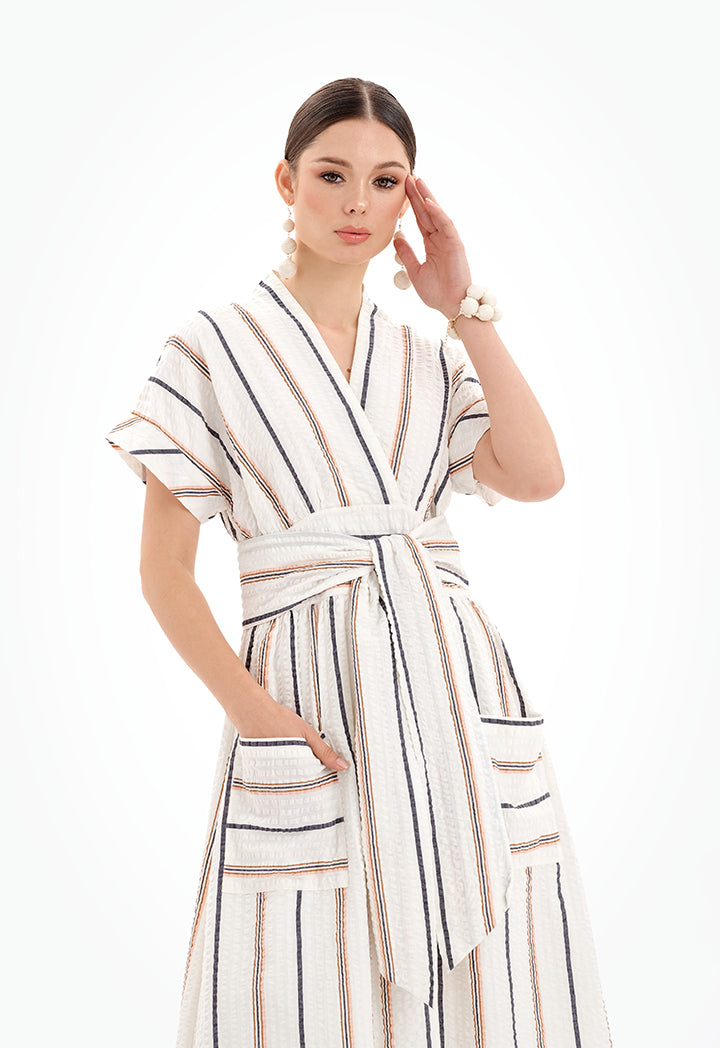 Short Sleeves V-Neck Striped Maxi Dress - Ramadan Clothing