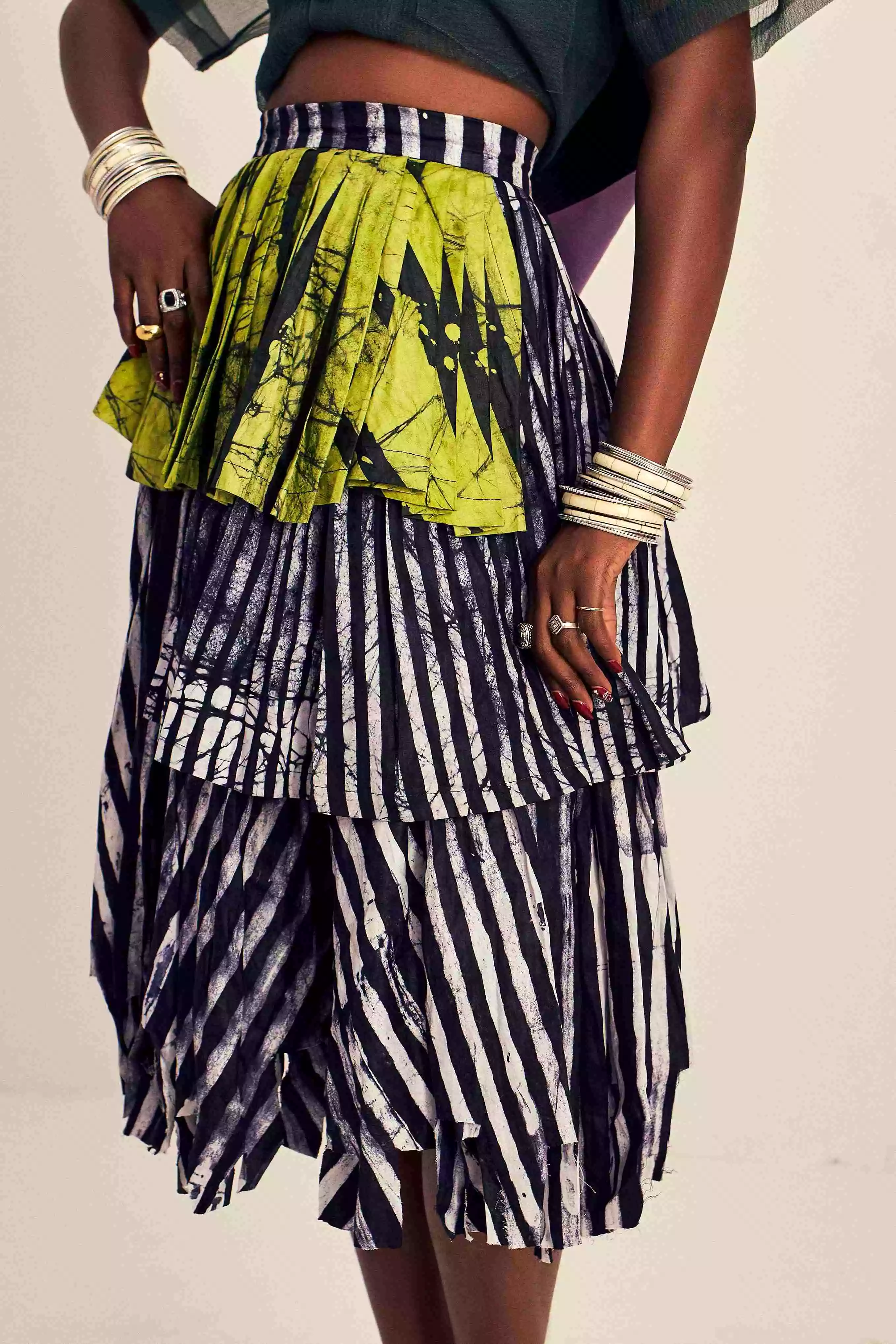 Sise Adire Pleated Skirt with Layered Design