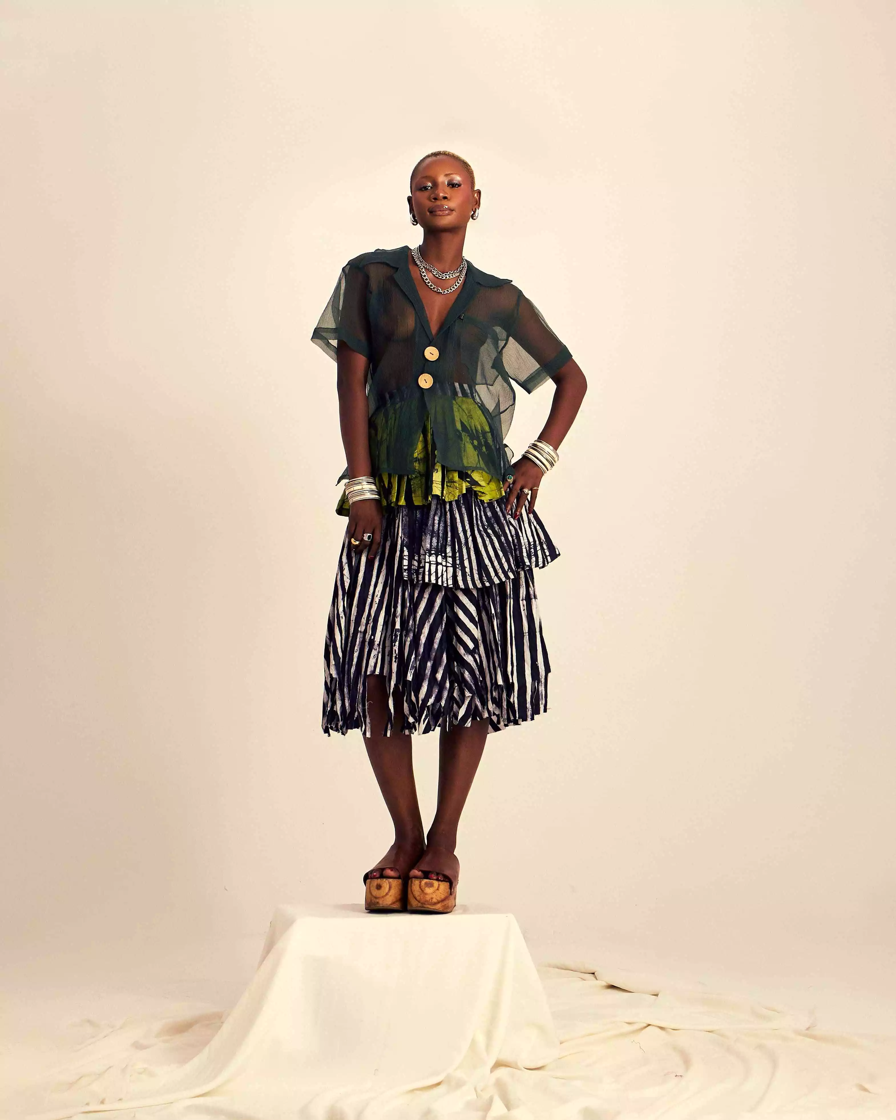 Sise Adire Pleated Skirt with Layered Design