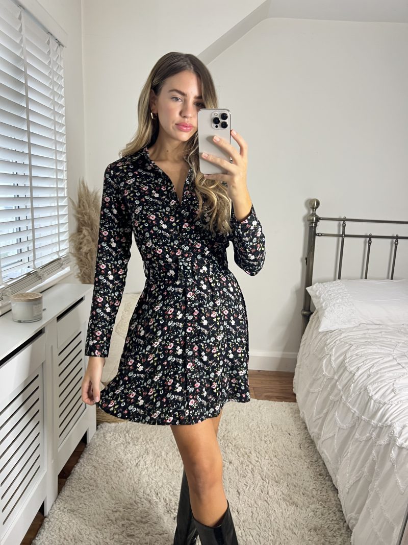 Slaytwins Cassie Black Floral Mini Shirt Dress