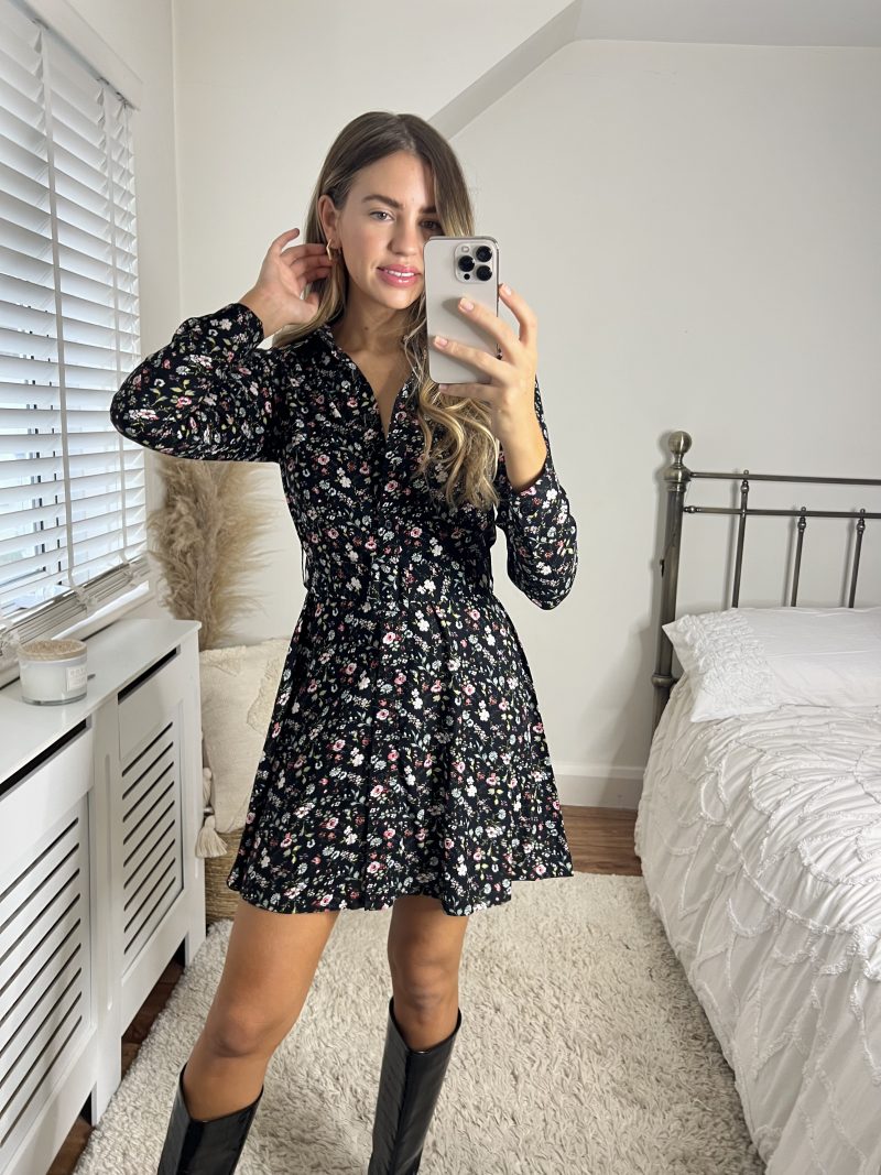 Slaytwins Cassie Black Floral Mini Shirt Dress