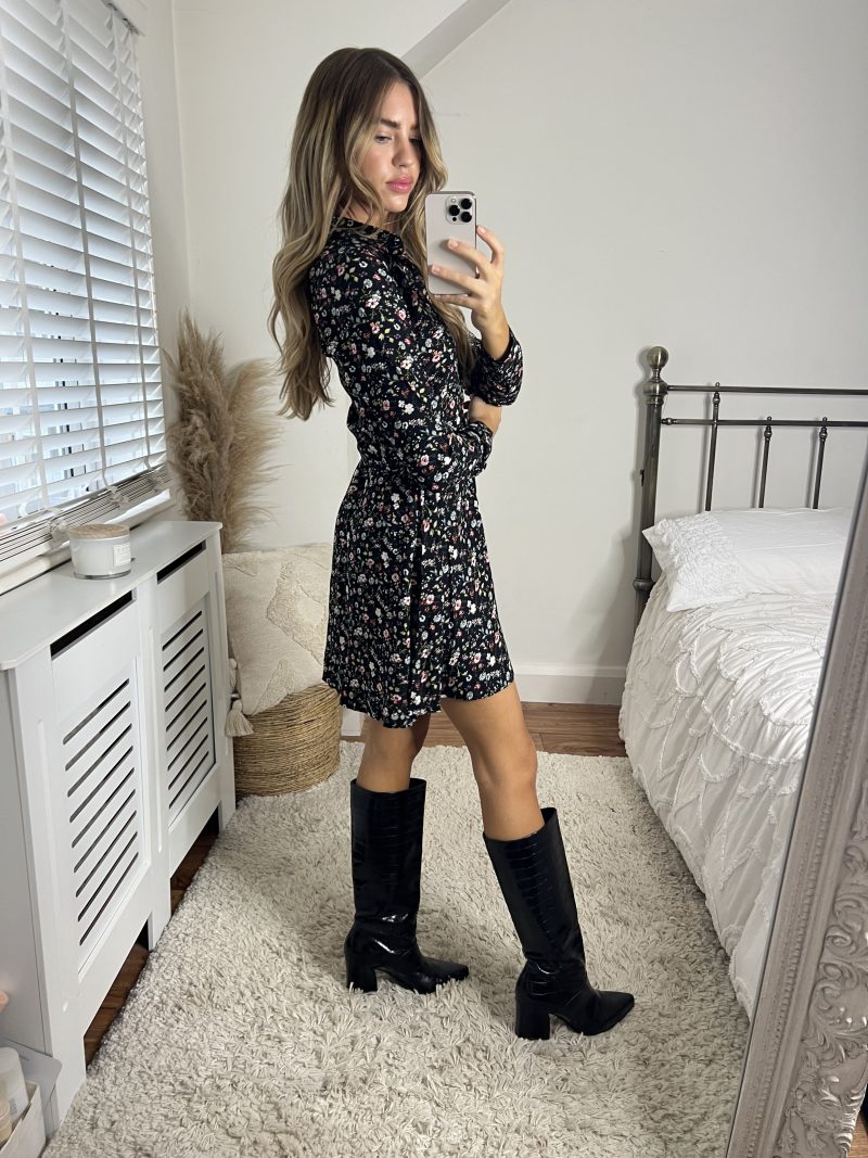 Slaytwins Cassie Black Floral Mini Shirt Dress