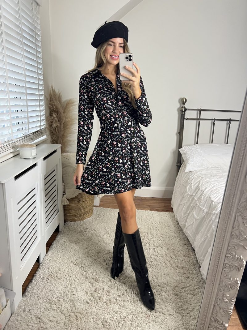 Slaytwins Cassie Black Floral Mini Shirt Dress