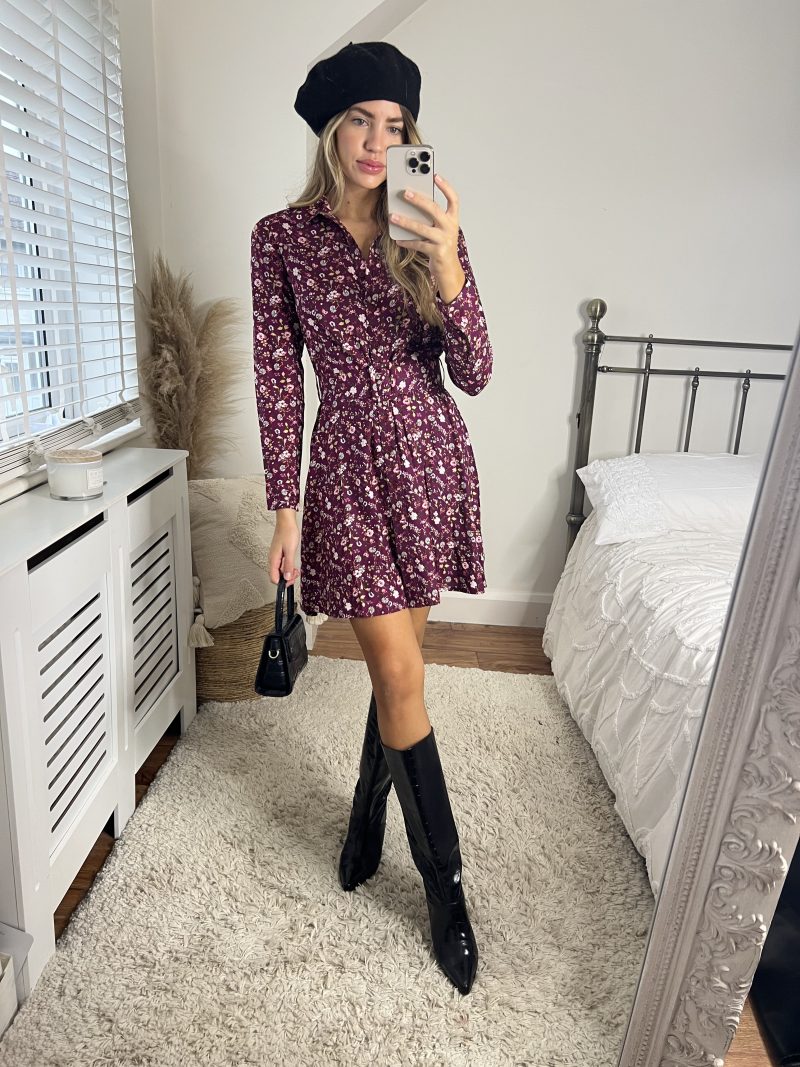 Slaytwins Cassie Wine Ditsy Floral Mini Shirt Dress