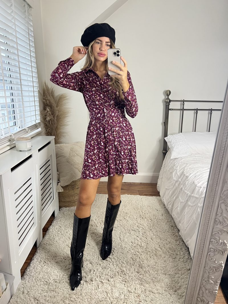 Slaytwins Cassie Wine Ditsy Floral Mini Shirt Dress