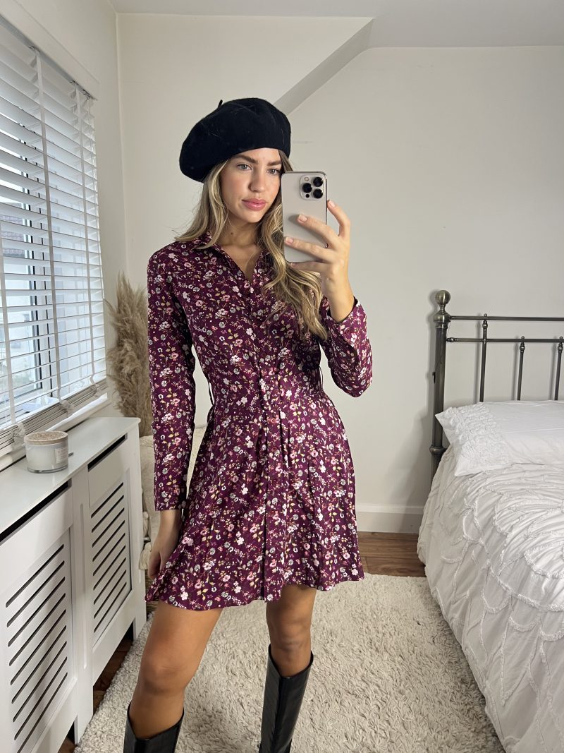 Slaytwins Cassie Wine Ditsy Floral Mini Shirt Dress