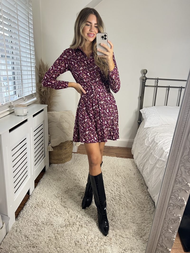 Slaytwins Cassie Wine Ditsy Floral Mini Shirt Dress