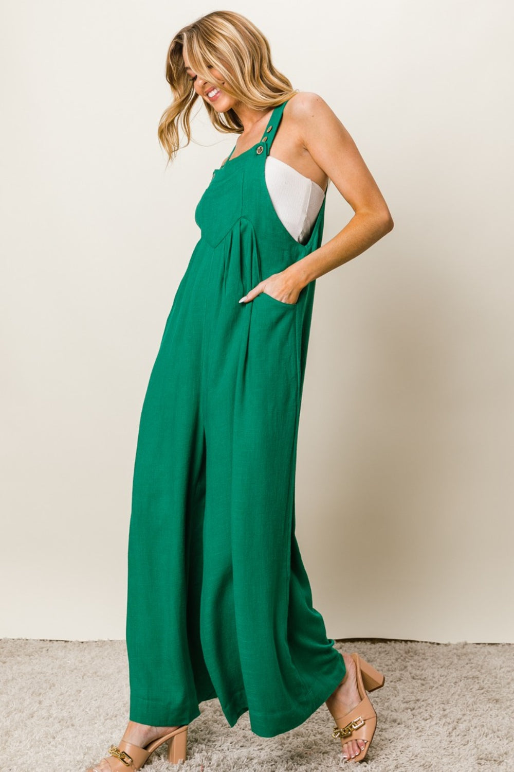 Sleeveless Wide Leg Jumpsuit - Texture