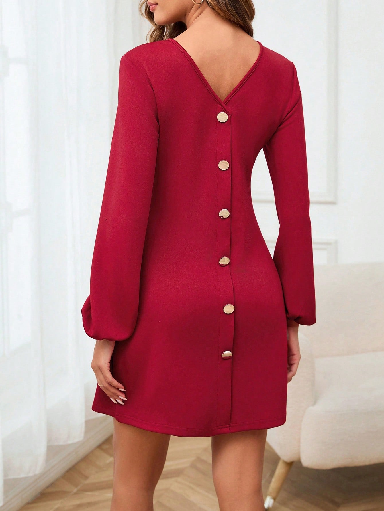 Solid Color Lantern Sleeve Back Button Dress